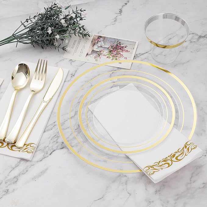 BESTVIP 700PCS Clear Gold Disposable Dinnerware Set for 100 Guests, Plastic Plates for Party, Wedding, Christmas, Halloween, Include: 200 Plastic Plates, 100 Gold Silverware, 100 Cups, 100 Napkins