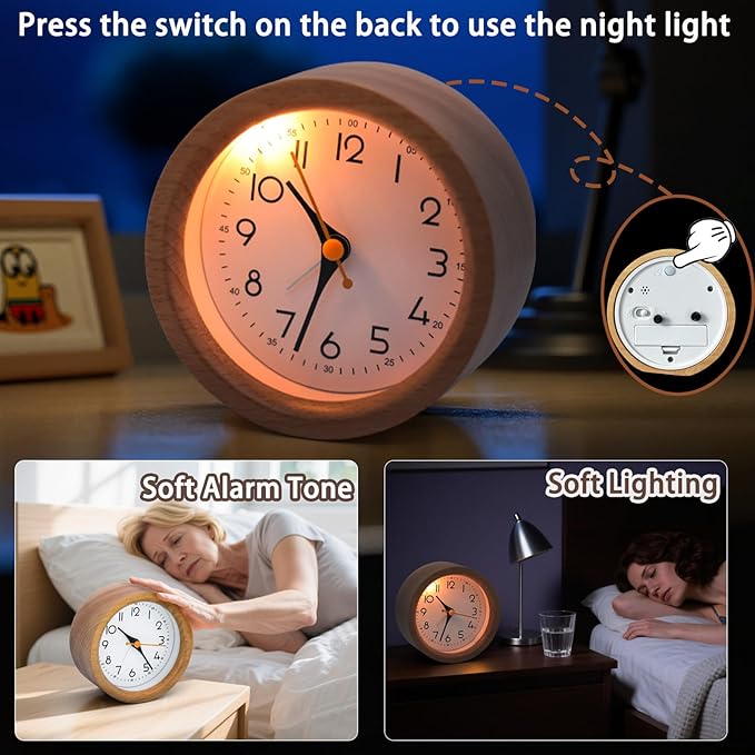 Oxmidud 4'' Natural Wooden Analog Alarm Clock with Soft Night Light - Battery Operated Non-Ticking Silent Tabletop Minimalist Desk & Bedside Clock for Bedrooms Living Room Home Office Decor