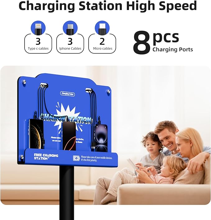 8-Port Wall Mounted Charging Station with Universal Cables – Fast Charging Dock for iPhone, Android & Type-C Devices – Perfect for Office, Airport, Hotel & School Use (Blue)