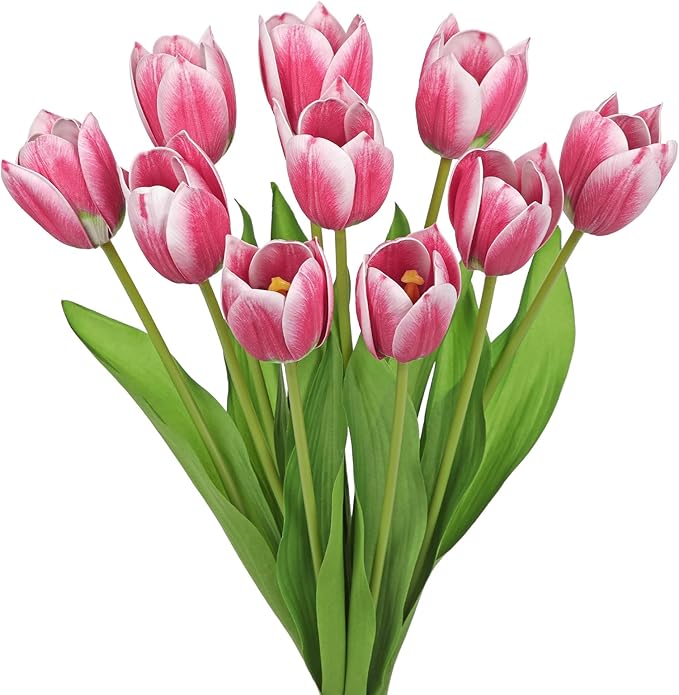 Artificial Tulips Flowers – 20" Long Stem Faux Tulips, 10PCS Real Touch Fake Red Tulip for Vase, Farmhouse, Kitchen, Spring & Wedding Home Decor