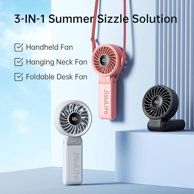 JISULIFE Handheld Fan Life7 – Ultimate Flexibility: High-Power Motor, LED Display, 3600mAh Rechargeable, 5-Speed, Foldable Design, 3-IN-1 Portable Hand/Desk/Neck Fan for Travel, Gift for Women (Grey)