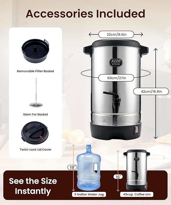 Commercial Coffee Maker 45-Cup Large Coffee Urn with Percolator Coffee Pot Electric 6.9L Stainless Steel Fast Brew Hot Water Dispenser for Tea Catering Events Home Office Easy Cleaning