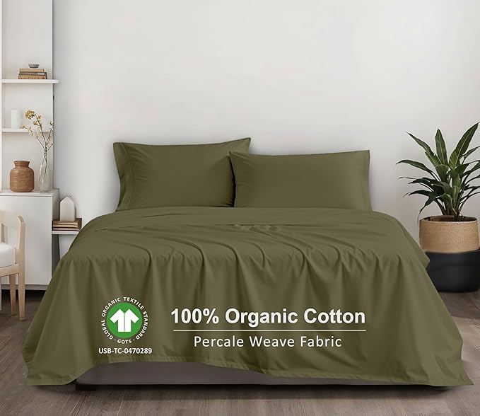 RUVANTI 100% Organic Cotton Sheets King Size, Percale Weave, GOTS Certified, 4-Piece Set, Deep Pocket 15", Crisp & Breathable, Soft Durable Bedding, Sábanas Algodón Orgánico – Olive
