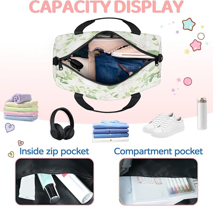 Rabbit Floral Gym Bag for Women 17 inch Waterproof Carry On Overnight Weekender Bag Sports Duffel Tote Bags for Travel Workout