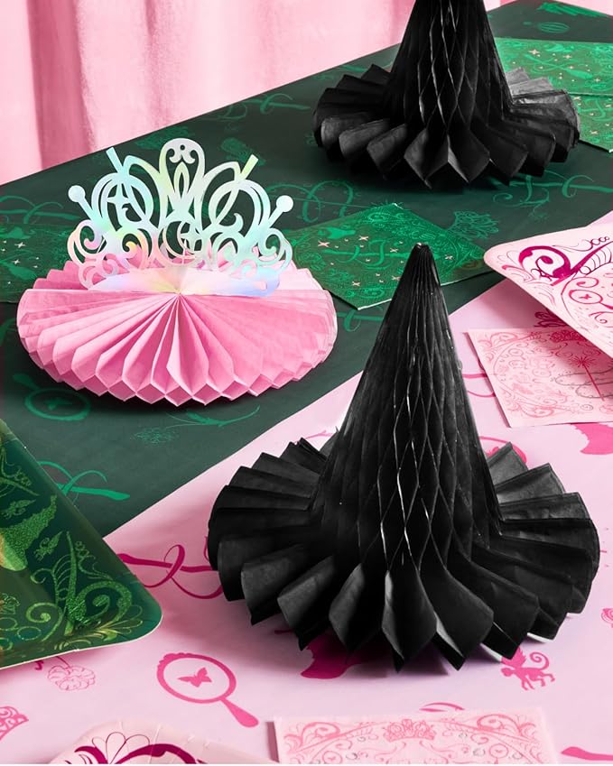 xo, Fetti Witch Party Hanging Decor - Set of 4 | Pink Tiara + Black Hat | Iridescent Centerpieces, Magical Birthday Decorations, 3D Tabletop Setting