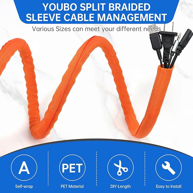 YOUBO Split Braided Cable Sleeve，Flexible Wire Loom Tubing, Automotive Cord Protector Pet Proof, Cable Management for Computer TV Electric Wires Harness 16ft (Orange, 30mm（1-3/16")
