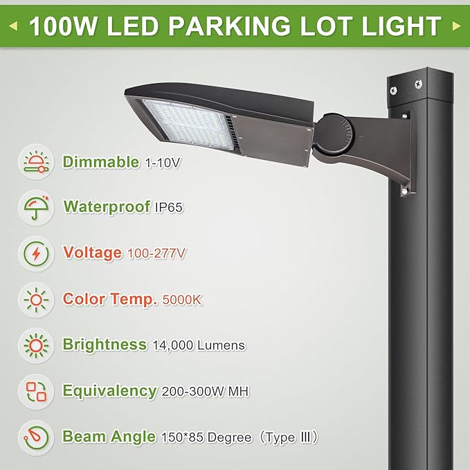 LED Parking Lot Lights 100W, Direct Arms Mount, 14000LM Built-in Surge Protection, Dimmable LED Pole Head Fixtures DLC Premium UL Certified