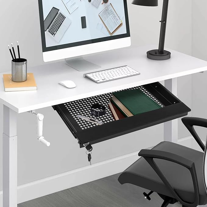 LEYSRIS 17.72" Lx1.8 H Under Desk Storage Drawer with Holes, Locking Design Black Sliding Pull-Out Drawer for Sit Stand Workstation
