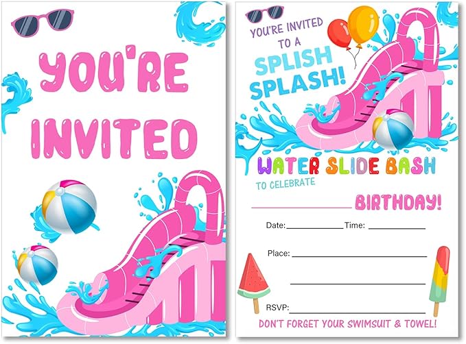 Splish Splash Water Slide Bash Party Invitations with Envelopes Set of 20 Summer Pink Waterslide Theme Birthday Party Invites Fill in Blank