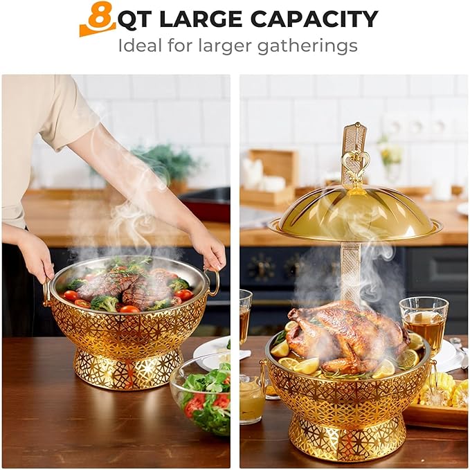 8QT Golden Chafing Dishes for Buffet, Round Stainless Steel Chafing Dish Set for Parties, Christmas Gatherings, Home, Catering Events Complete Buffet Warmer Colder Set (4)