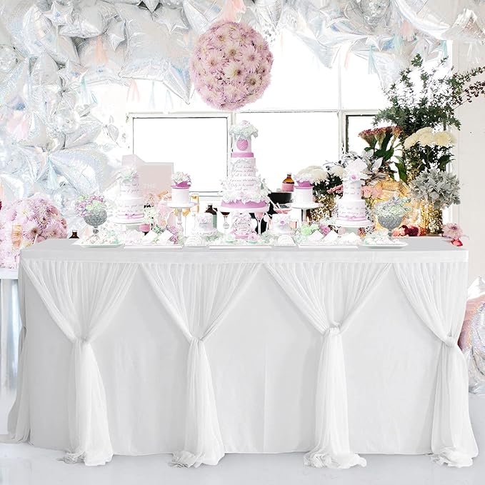 Besutolife White Tulle Table Skirt 6ft Wrinkle-Free Tutu Tablecloth for Gender Reveal, Wedding, Birthday, Reception, Banquet, Photo Booth, Party Table Decorations