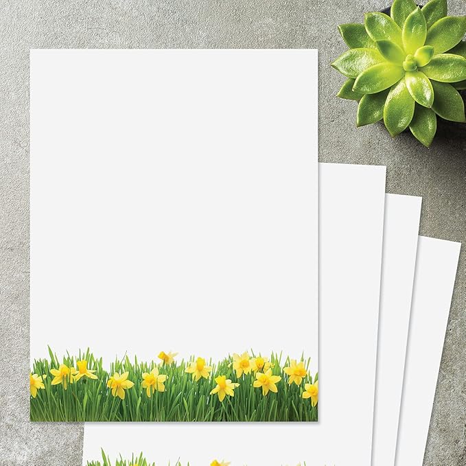 Current Daffodil Floral Letter Paper - Spring Stationery Papers With Decorative Daffodil Border, Printable Holiday, Wedding & Bridal Shower, & Invitation Sheets, Set of 25, 8 1/2" x 11"