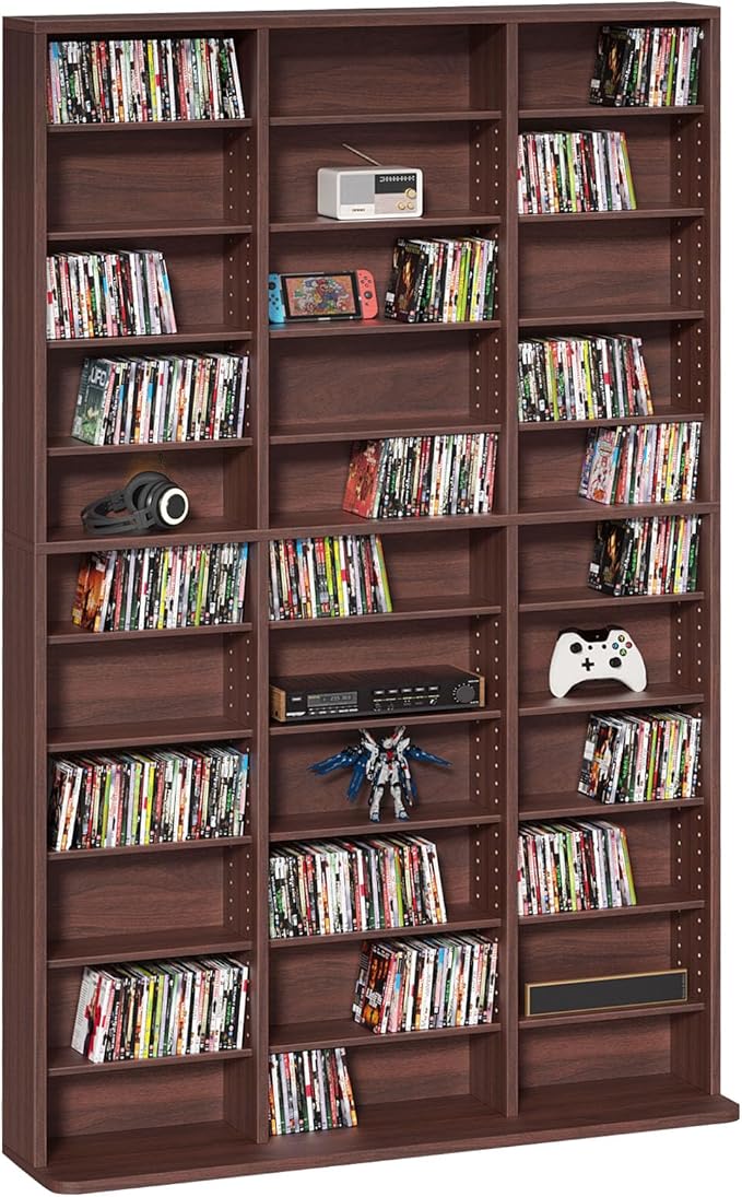 LELELINKY 11 Tier Tall Display Cabinet, Walnut Media Storage Cabinet with Adjustable Shelves, Free Standing DVD Organizer Shelf, Floor multimedia storage manga bookshelf for Living Room & Home Office.