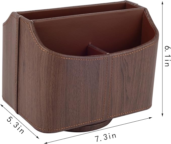 RHCSZ Brown 360 Degree Swiveling TV Remote Control Holder/Caddy, Leather Desk Organizer for Office and Home Furniture Decoration Storage Box(Dark wood grain)