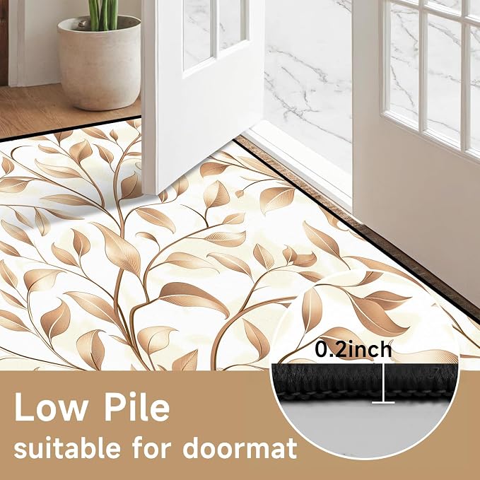 Botanical Leaf Vine Area Rug Beige Floral Branch Print Rug for Entryway Bedroom Living Room Kitchen Home Decor Non-Slip Washable Floor Mat Modern Farmhouse Carpet,2'x3'