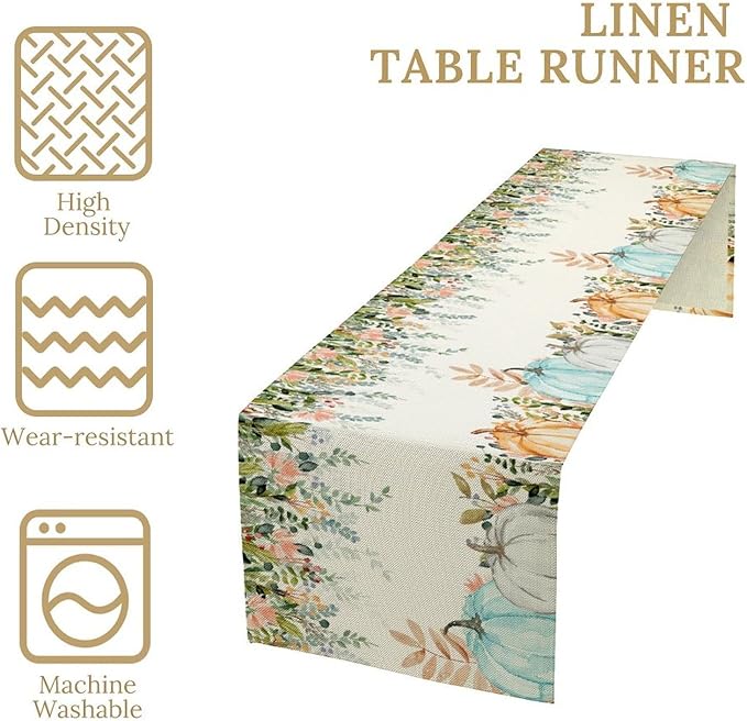 Fall Table Runner Blue Pumpkin Colorful Eucalyptus Leaves Thanksgiving Orange Green Watercolor Illustration Decor for Farmhouse Indoor Outdoor Party Holiday Dining Kitchen Restaurant Cafe W13xL60in