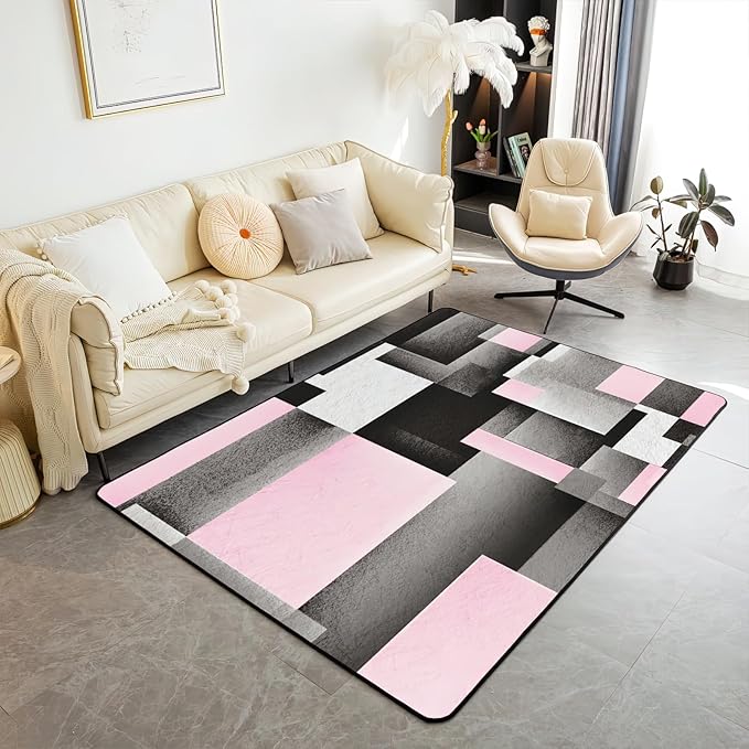 Abstract Pink Black Color Block Area Rug, Non Slip Living Room Rugs, Breathable Durable Carpet for Indoor Bedroom Conference Room Office Decor Rug - 4 ft x 6 ft
