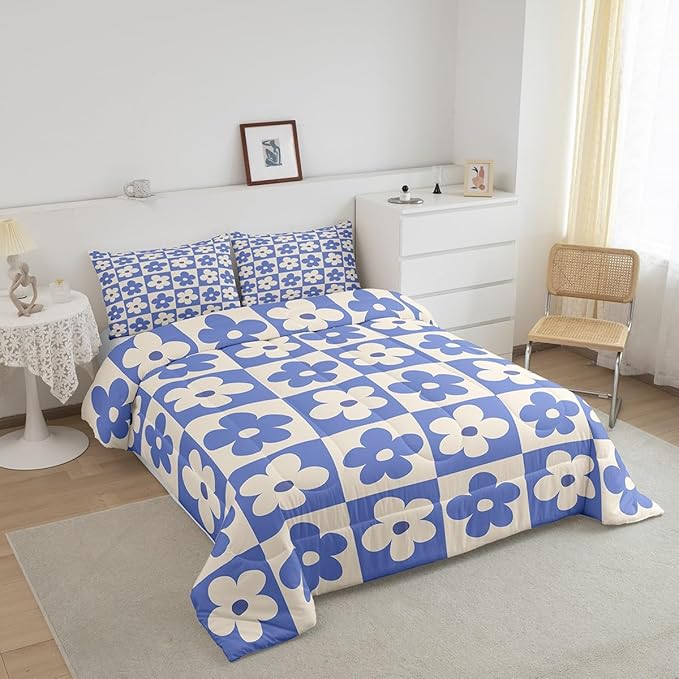 Castle Fairy Kids Cute Flowers Plaid Bedding Comforters King Size,Blue and Cream Floral Checked Comforter Set for Children Xmas Gift,Fashion Geometric Style Quilt Set Bedroom Decor, 2 Pillowcases