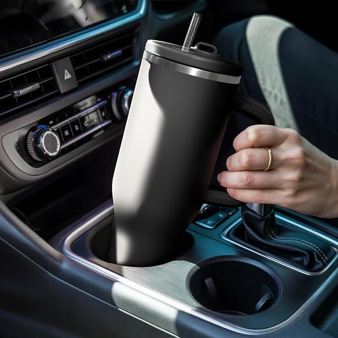 34HD 40 oz Stainless Steel Tumbler - Leakproof Insulated Water Bottle with Handle, Magnetic Lid and Flexible Straw - Iced for 48 Hours – Perfect for Men, Women, Birthday Gift, Black - Midnight Onyx