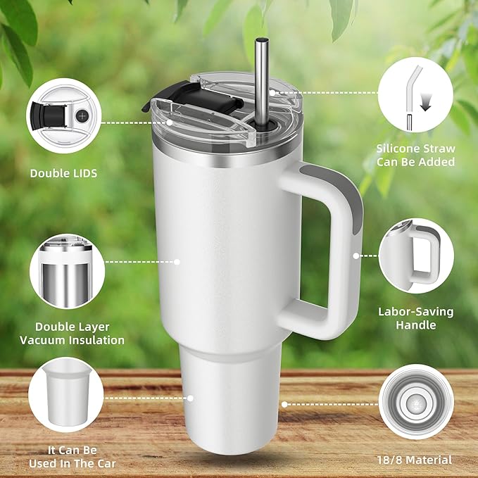 40 oz tumbler with handle and straw,Double Wall Vacuum Reusable Stainless Steel Insulated Water Bottle,With Leak Proof lid and Straw for Iced or Cold Beverages (White)