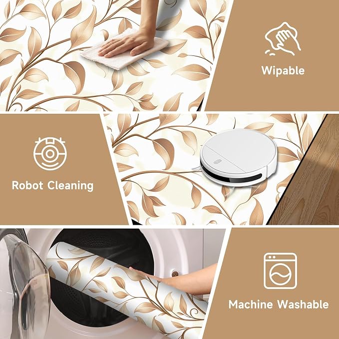Botanical Leaf Vine Area Rug Beige Floral Branch Print Rug for Bedroom Living Room Kitchen Nursery Playroom Home Decor Non-Slip Washable Floor Mat Modern Farmhouse Carpet,6'x9'