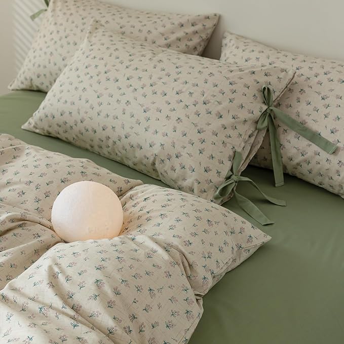 Vintage Style Duvet Cover Queen 100% Cotton Green Floral Print Duvet Cover Flower Botanical Bedding Sets Cottagecore Floral Comforter Cover 1 Queen Floral Duvet Cover with 2 Bowknot Pillowcases