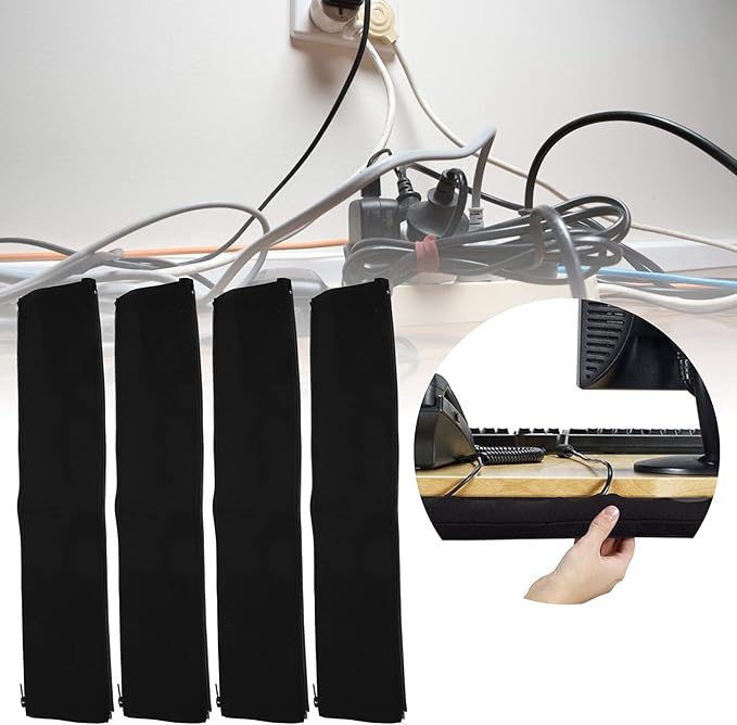 4Pcs Cable Management Sleeve Cord Organizer with Zipper, Neoprene Wire Sleeve Cover for Power Cords and TV Cables, Anti - Bite Protective Wrap with 10 Ties, 19