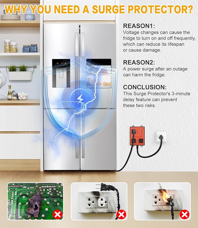 Refrigerator Surge Protector, 3-Outlet 120V for Home Appliance Surge Protector, Time Delay, LED Indicator Light & 110dB Alarm, Protects Against Voltage Abnormalities, Brownout, Spike, Instant Surge