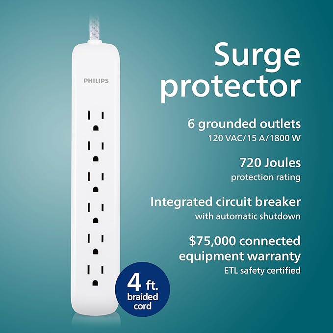 Philips 6 Outlet Surge Protector Power Strip, Designer Braided Power Cord, 4 Ft Power Cord, Flat Plug Extension Cord, Perfect for Office or Home Décor, 720 Joules, ETL Listed, White, SPC3064WE/37
