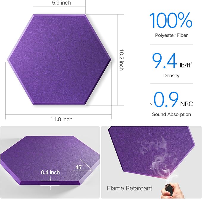 12 Pack Self-Adhesive Acoustic Panels 12" X 10" X 0.4" - Sound Proof Foam Panels with High Density, Hexagonal Design, Flame Resistant, Absorb Noise and Eliminate Echoes(Purple)