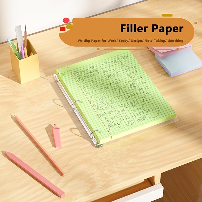 Green Loose Leaf Paper 200 Sheets Colored Filler Paper 2 Pack 8 * 10.5 College Ruled Paper 3-Hole Punched Paper for 3-Ring Binders Notebook Lined 8" x 10.5"