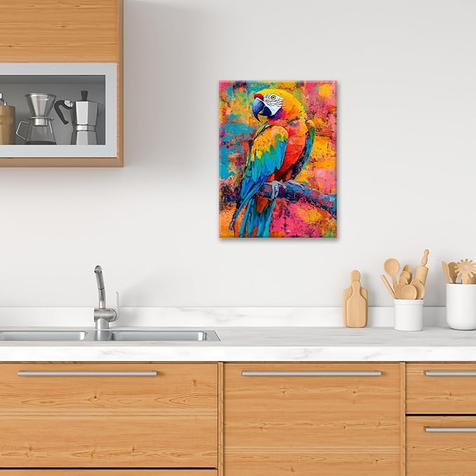 Parrot Wall Art, Graffiti Parrot Pictures Wall Decor, Colorful Birds Canvas Prints, Banksy Animal Painting, Framed Artwork for Bathroom Living Room Bedroom Office Dining Room 24"X16"