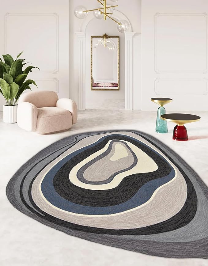 Modern Minimalist Art Texture Irregular Rug 9x12 Beige Black Gray Abstract Shaped Area Rug for Living Room Bedroom Nursery Washable Low Pile Shaggy Carpet Under Dining Table Non Skid Floor Mats
