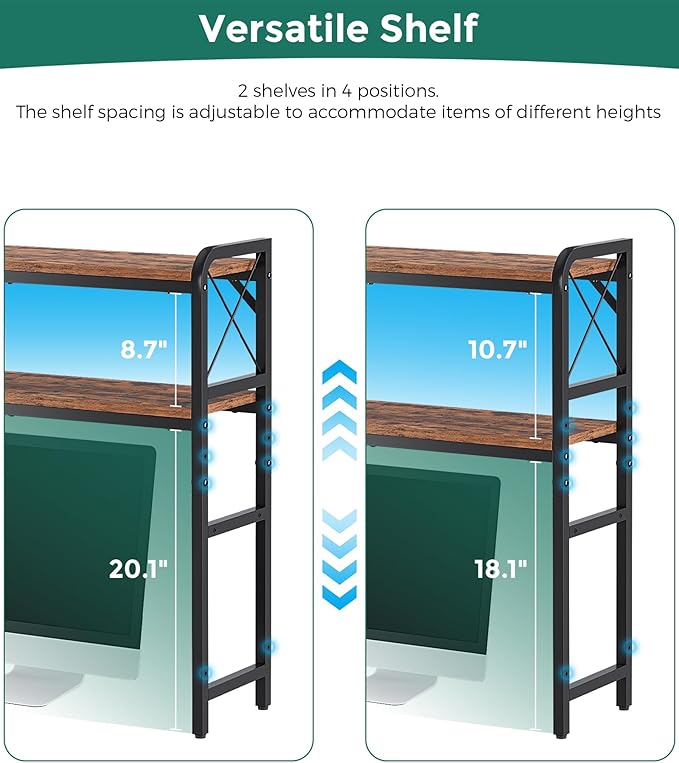 VERSASKY Desktop Shelves, Monitor Stand with Adjustable Shelves and Side Pockets, 2-Tier Desktop Bookshelf Organizer, Large Capacity Display Shelf Rack, Desk Hutch for Home Office, Rustic Brown