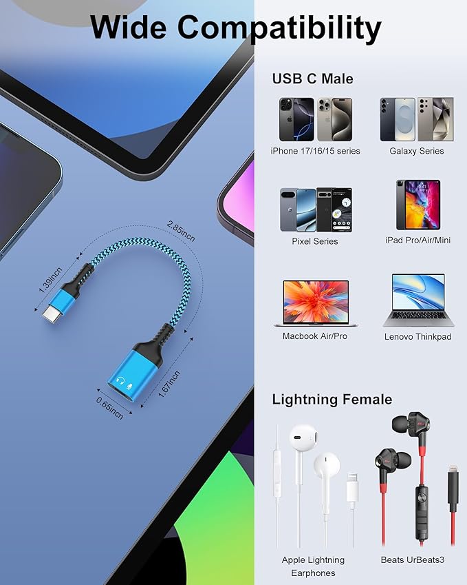 USB C to Lightning Female Headphone Adapter, Lightning to USB C Audio Adapter with Ear Buds/Earphones for iPhone 17 Pro Max 17 Air 16 Pro 16e 16 Plus 15 15Pro Max, iPad Pro Air Mini, Not for Charging