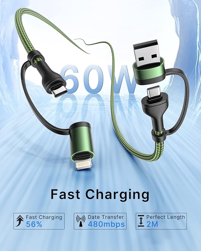 USB C Cable, 4 in 1 Charging Cable (6.6FT 2Pack) with Lightning, USB A/C to C/L Fast Multi Charging Cable for iPhone 16 15 14 Pro Max/MacBook/iPad Pro/SamSungS24,Charging Cable for Multiple Devices