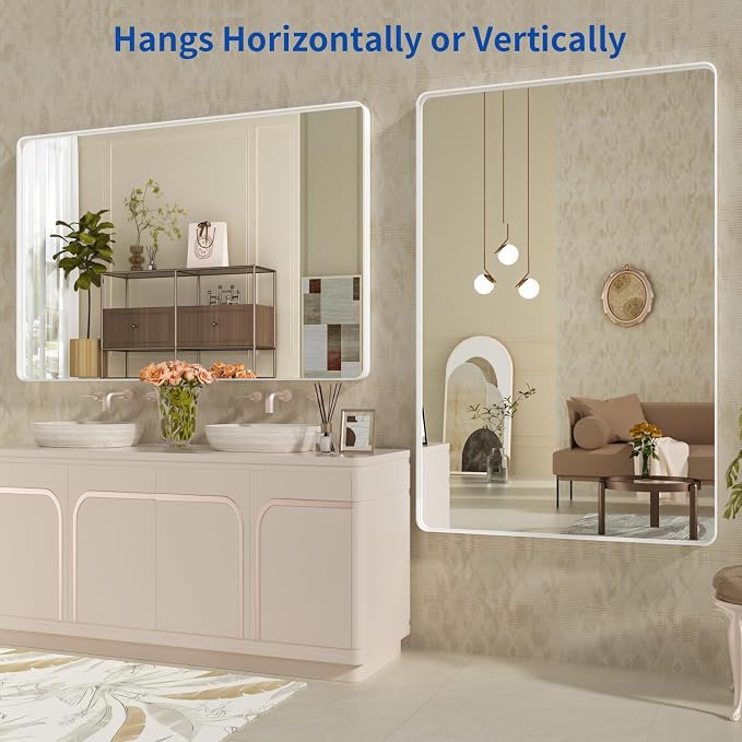 WEER White Bathroom Mirror 55X36 Inch, Rounded Rectangle White Metal Frame Mirror, Matte White Bathroom Vanity Mirror with Tempered Glass, Anti-Rust, Hangs Horizontally or Vertically