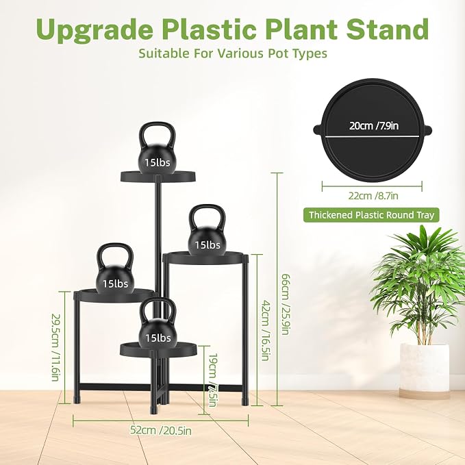 iDavosic.ly 4 Tier Folding Plant Stand Indoor Outdoor with Plastic Tray, Tiered Corner Flower Holder Shelf, Metal Orchid Display Rack for Patio Porch Living Room Garden Balcony, Modern Black