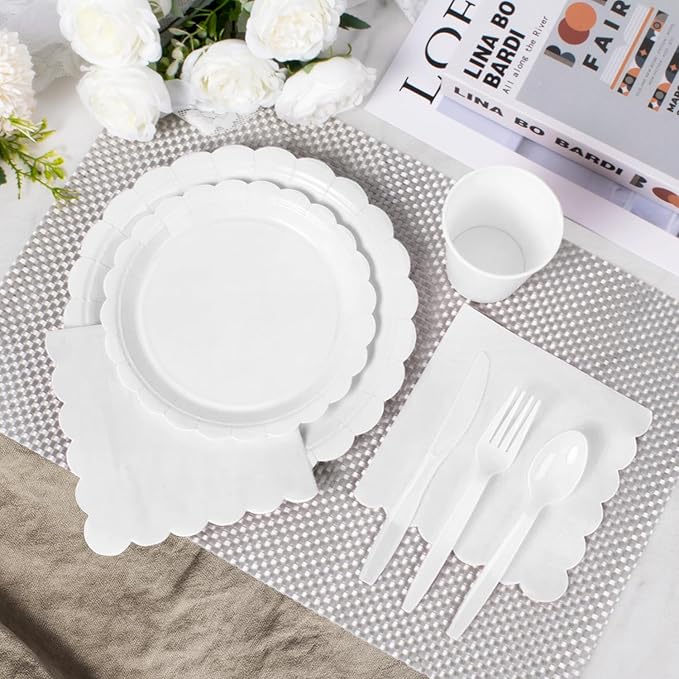Vyntra 350 PCS Disposable Plates for Party, Paper Plates & Napkins Set with Cups, Knives, Forks, Spoons, 7'' Dessert and 9'' Dinner Plates for Wedding, Birthday, New Year’s Eve, Christmas - White