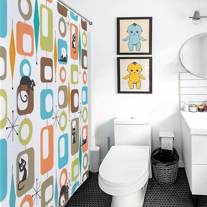 Mid Century Modern Shower Curtain, Retro Geometric Atomic Abstract Cat Pattern Middle Century 1950s 1960s Orange Waterproof Fabric Bathroom Shower Curtain Set with Hooks, 72"x84" Inch