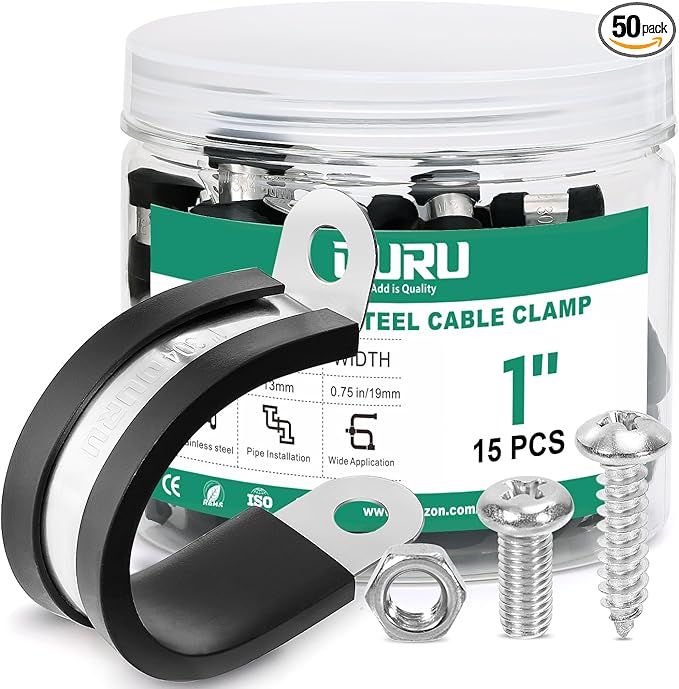 OURU 15PCS 1 Inch Cable Clamps with 35PCS Screws Assortment Kit 304 Stainless Steel Rubber Cushioned Insulated Cable Clamp, Automotive Wire Pipe Clamps(25mm)