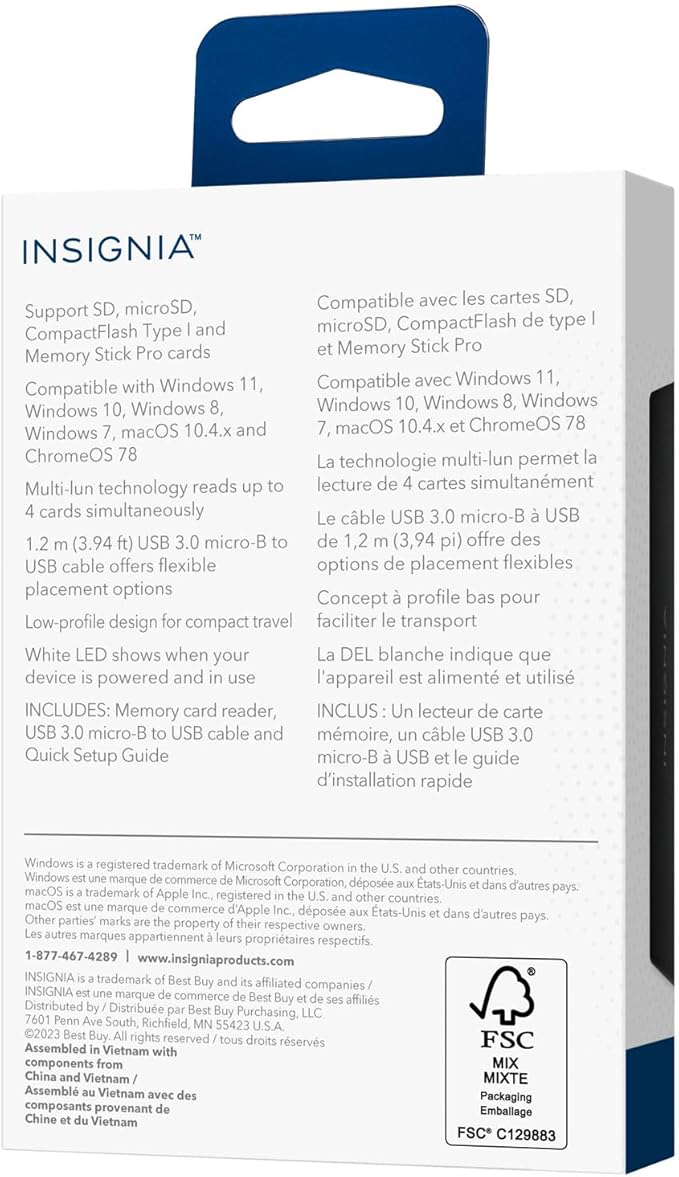 Insignia USB 3.0 Multi 4-Slot Memory Card Reader with 3.9ft Cable, Support SDXC, microSDXC, MS pro, MS PRO Duo, MS PRO-HG Duo, Compact Flash Type I, Compatible with MacBook, iPad, Galaxy S21, Black