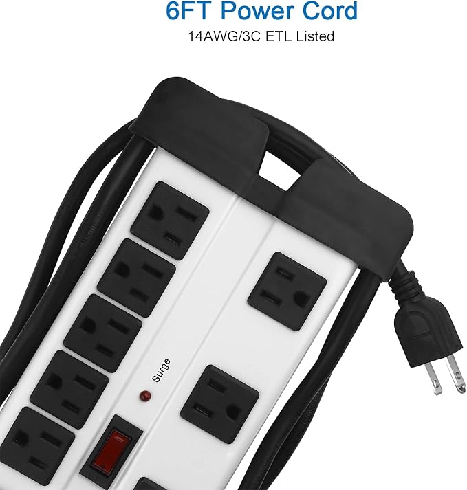 Heavy Duty Surge Protector for Appliances, 8 Outlet Workshop Power Strip with 1200 Joules, Metal with 6FT Extension Cord and Wide Spaced. Grey