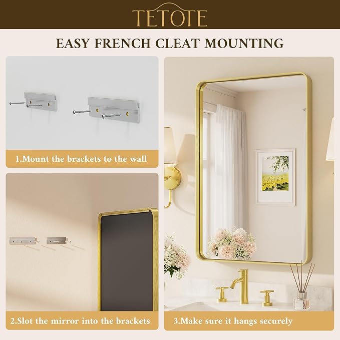 TETOTE 40 x 30 Inch Gold Bathroom Mirror, Brushed Brass Metal Frame Mirror for Vanity, Rectangle Wall Mounted Golden Modern Mirror (Horizontal/Vertical)
