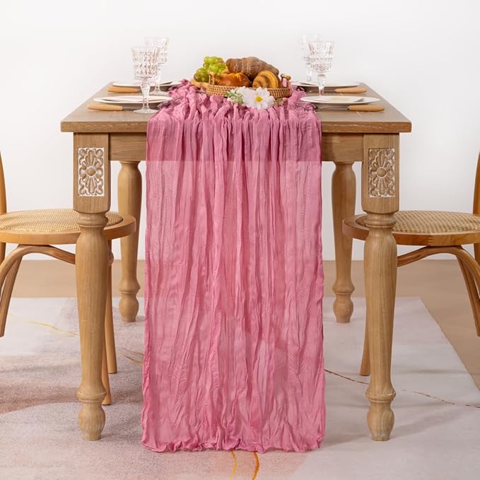 MLMC 3 Pack Mauve Pink Table Runner 10ft Sheer Gauze Cheesecloth Table Runner Bulk Rustic Winter Decor 35x120 Inches for Boho Wedding Bridal Baby Shower Birthday Party Decor