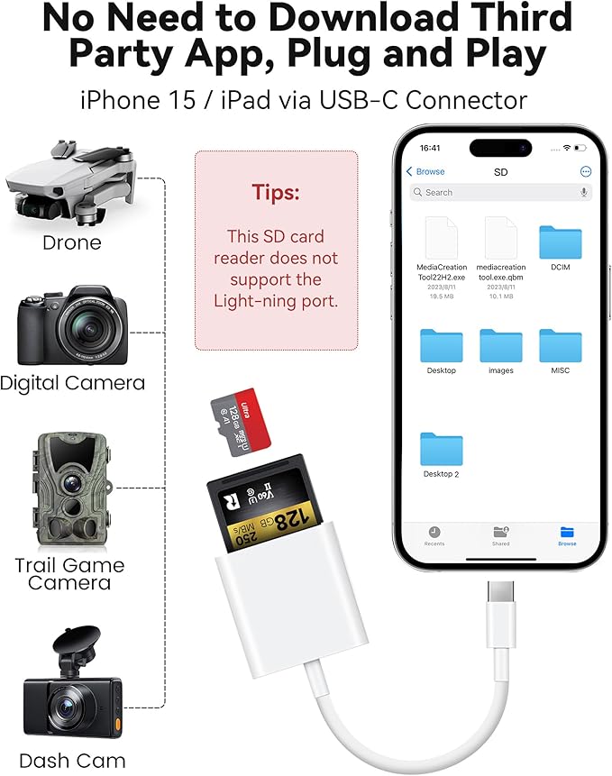 USB C SD Card Reader for iPhone 15 16/iPad/MacBook/Mac, xdgeLoad USB-C Type C SD Reader Supports SD and MicroSD Memory Card Adapter, Trail Camera Viewer Plug and Play - 2 Slots