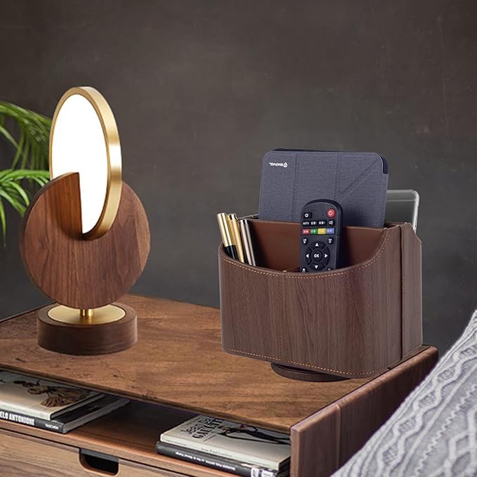 RHCSZ Brown 360 Degree Swiveling TV Remote Control Holder/Caddy, Leather Desk Organizer for Office and Home Furniture Decoration Storage Box(Dark wood grain)