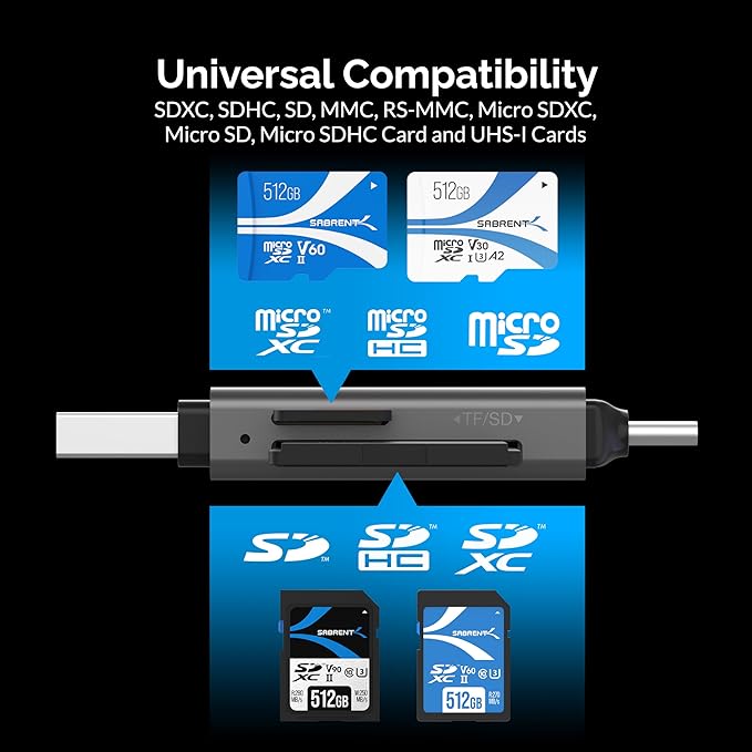 SABRENT SD Card Reader USB C & USB A, Micro SD Card Reader, USB 3.0 Dual Slot Memory Card Adapter for Laptop PC Android (CR-BCA2)