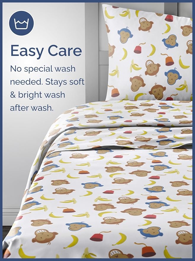Kids Twin Size Monkey Bed Sheets - 3 Piece Monkey Sheet Set - Cartoon Banana Bedding - Ultra-Soft, Cute & Cozy - Comfy, Breathable & Machine Washable - Animal Bed Set for Boys, Girls, Teens & Toddlers