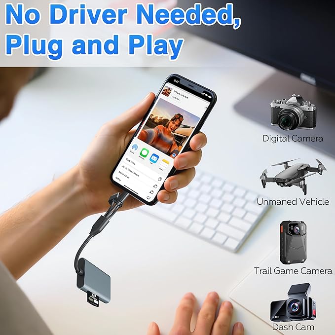 4-in-1 Metal Memory Stick Pro Duo Adapter, Triple Interface Lightning/USB-C/USB-A Card Reader for SD/Micro SD/MS/xD-Picture Card, High-Speed 480Mbps Photo Video File Transfer for iPhone iPad PC